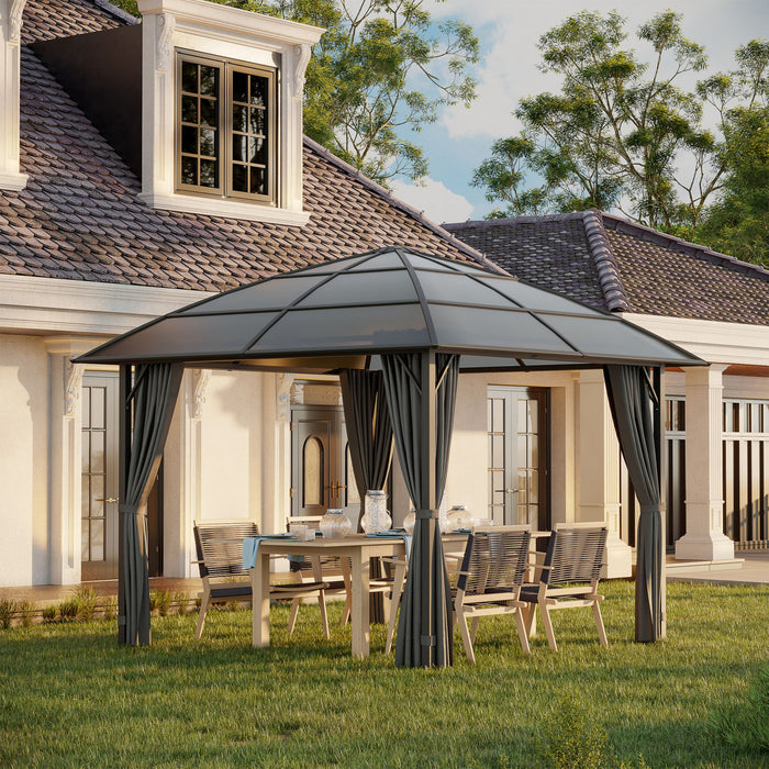 Outsunny 10' X 10' Outdoor Gazebo Canopy, Hardtop Gazebo With uv60+ Polycarbonate Roof, Solid Steel Frame, Central Hook, And curtains, For garden, lawn, backyard and deck