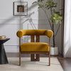 Crest Modern Upholstered Round Arm Accent Chair with Three-Leg Design, Mustard Yellow, Walnut | Crest Fauteuil d'Appoint Moderne a Accoudoirs Ronds et Pieds Triangulaires, Jaune Moutarde, Noyer
