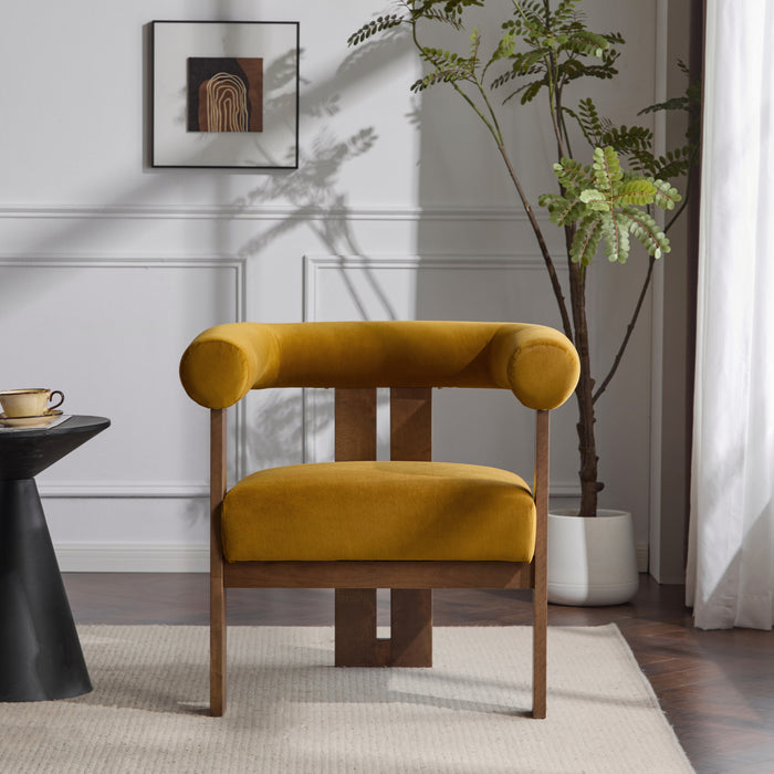 Crest Modern Upholstered Round Arm Accent Chair with Three-Leg Design, Mustard Yellow, Walnut