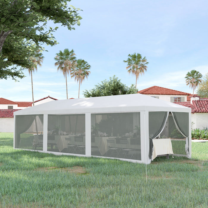 Outsunny 10' X 28' Party Tent Outdoor Canopy Garden Sun Shade With 8 Mosquito Mesh Netting And Zipper Door, White