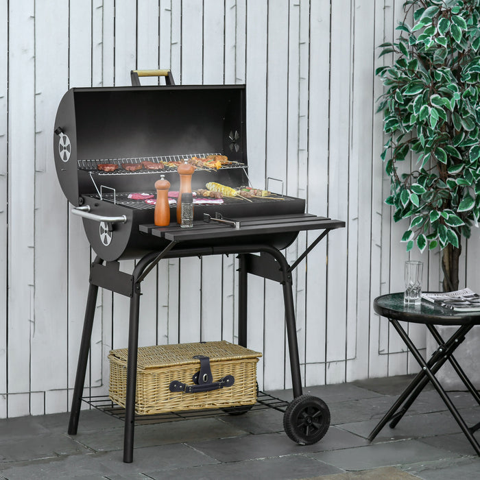 Outsunny 30\" Portable Barrel Charcoal BBQ Grill, Steel Outdoor Barbecue Smoker with 370 Square Inches Cooking Space, Storage Shelf, Wheels for Garden Camping Picnic, Black