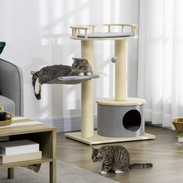 Pawhut 35\" Cat Tree, Kitty Activity Centre, Wooden Cat Climbing Toy, Cat Tower With Cat Bed Hammock Condo Washable Cushion Hanging Ball Toy Sisal Scratching Post, Natural