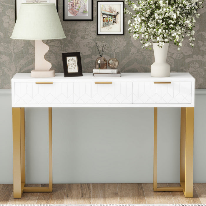 Horizon Modern Console Table with Geometric Drawers and Gold Frame, White/Gold