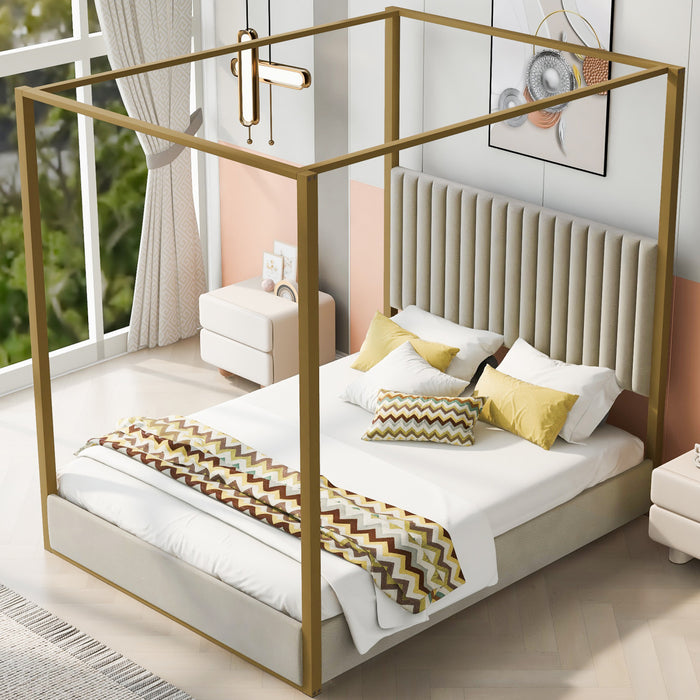 Sophia Upholstery Canopy Platform Bed with Foam Headboard and Velvet,Queen Size,Beige Queen Bed