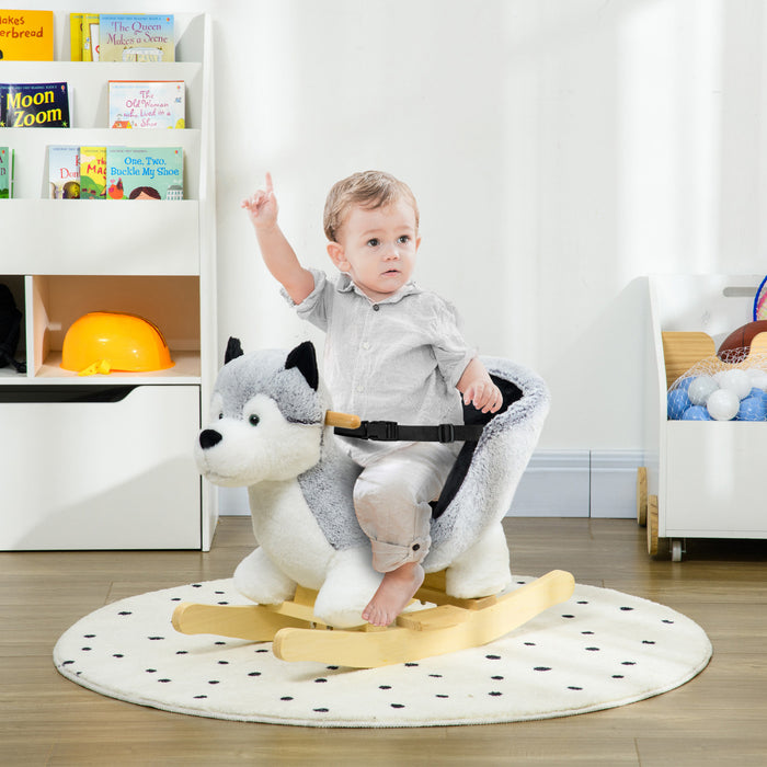 Qaba Kids Rocking Horse, Baby Rocker Chair Husky-shaped Plush Ride On Toy With Realistic Sounds, Wooden Base, Seat Belt, For Children 18-36 Months, Grey