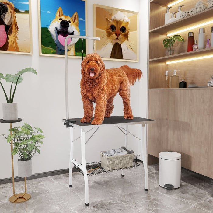 Pawhut 35in Dog Grooming Table With Adjustable Arm, Foldable Pet Grooming Table With Mesh Tray, Two Nooses, Rubber Surface, 35\" X 24\" X 61\", Black