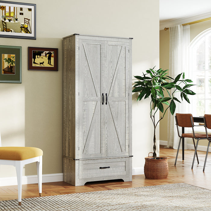 HOMCOM Farmhouse Pantry Cabinet, Kitchen Cabinet, Distressed Light Grey