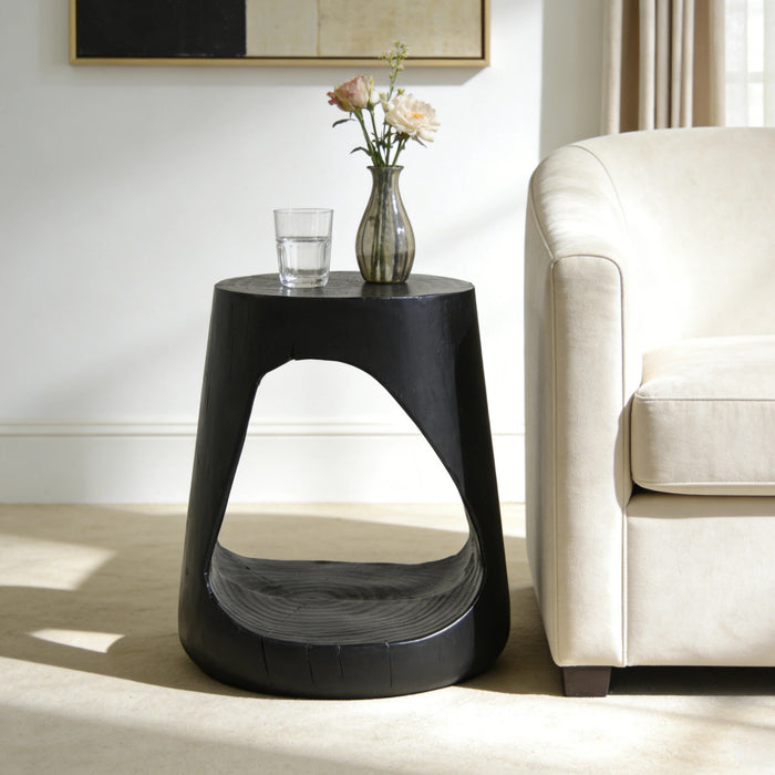 Elio 16.75\" Rustic Hollow Tree-Stump MGO Accent Table, Pet-Friendly Indoor Side Table, Black