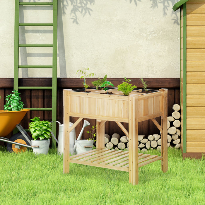 Outsunny 6 Pocket Raised Garden Bed, Elevated Wood Planter Box With Storage Shelf And Non-woven Fabric, For Vegetable, Flower, Herb In Patio, Backyard, Balcony