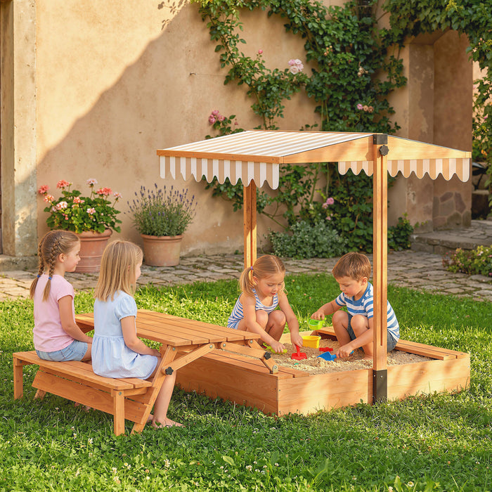 Qaba Kids Sandbox with Canopy, Wooden Sand Box with Foldable Picnic Table, Bench Seats, Bottom Liner, Outdoor Sand Pit with Cover for 6 Children, Gift for Ages 3-8, Khaki