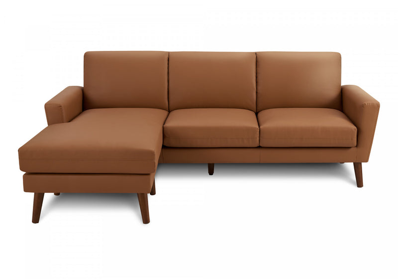 Upholstered Chaise Sofa Lounger, 86\" Wide, Cognac Leather-Look, Walnut Solid Wood Legs Sofa