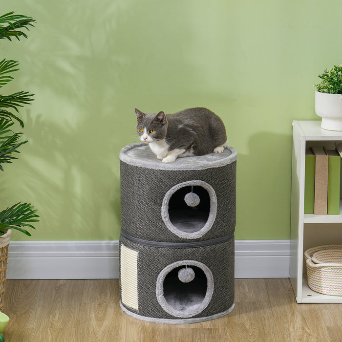 Pawhut 2-story Cat Condo Tower, 22 Inches Cat Tree For Indoor Cats With Top Perch And 2 Hideaways, Sisal Scratching Board, Removable Cushions, Toy Balls, Dark Grey