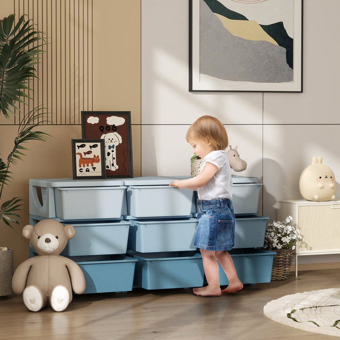 Qaba Kids Toy Storage Organizer With 9 Plastic Bins, 3 Tier Drawer Chest Utility For Kids Bedroom Nursery Kindergarten Living Room For Boys Girls Toddlers, Blue