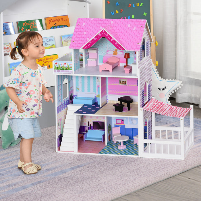 Qaba 2.9ft Kids Wooden Dollhouse Dreamhouse Villa With Patio Dollhouse With Furniture Accessories Kit For Toddler Girls Multi-level House For Children Pink