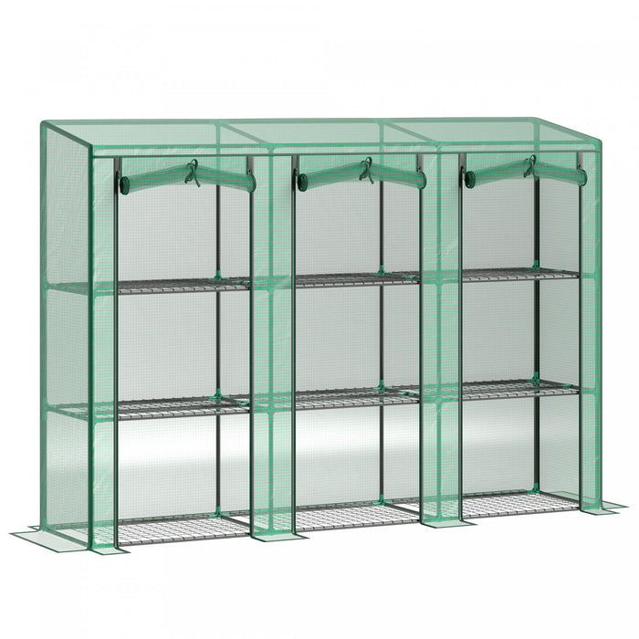Outsunny Lean-to Mini Greenhouse W/ 3 Tier Shelves, 3 Roll-up Doors, Green