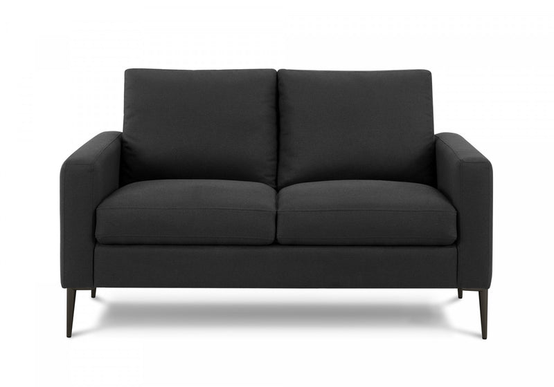 Upholstered Love Seat, 58\" L, Black Fabric, Black Metal Legs, Modern Loveseat