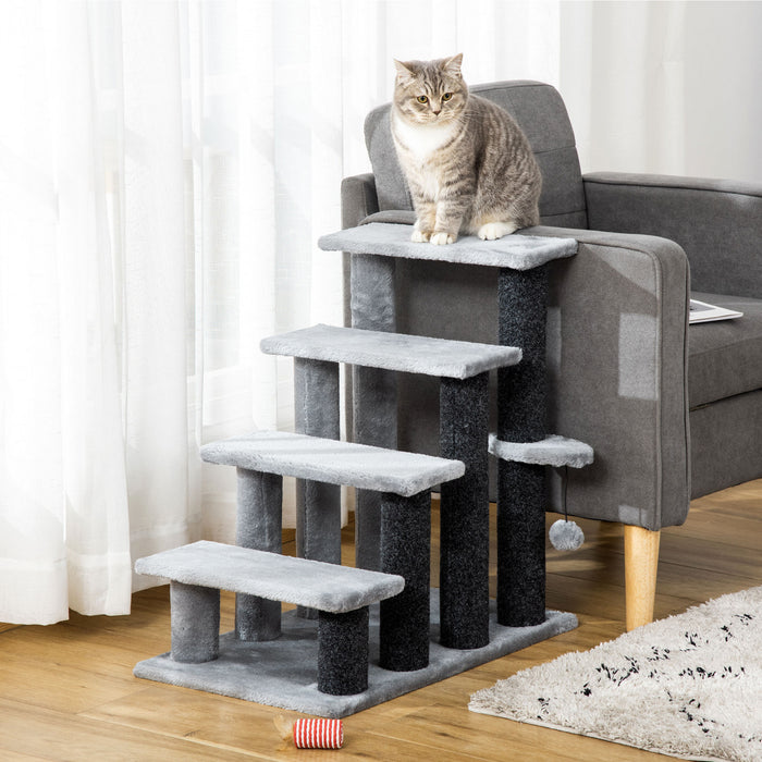Pawhut Cat Stairs 4 Steps For Bed, Couch With Scratching Posts, Small Cat Tree For Indoor Cats With Toy Ball, 23.5\" X 16\" X 25\"