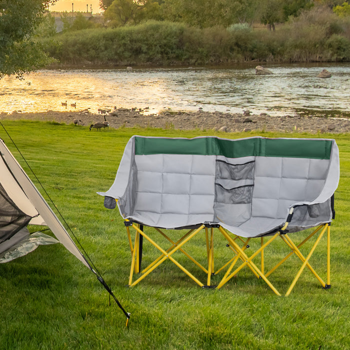 Outsunny Double Seat Camping Chair Folding Loveseat w/ Storage Pocket Green