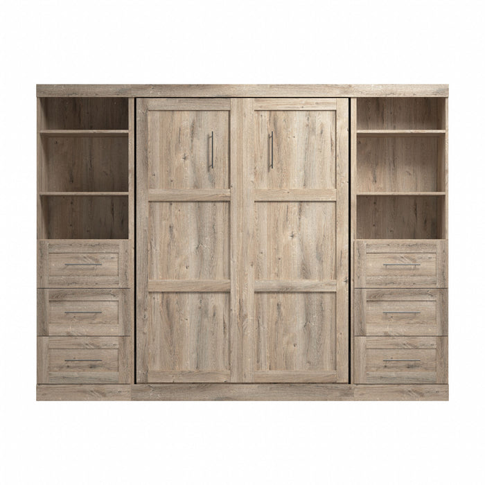 Bestar Pur Full Murphy Two Shelving Units with Drawers 109-Inch Wall Bed - Rustic Brown