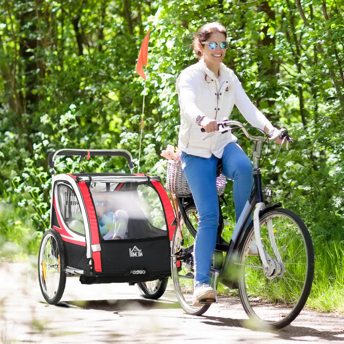 Aosom 2-in-1 Bike Trailer For Kids 2 Seater, Baby Stroller With Brake, Storage Bag, Safety Flag, Reflectors & 5 Point Harness, Red