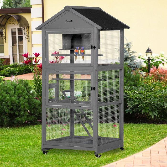 Pawhut 71\" Bird Cage Large Mobile Wooden Aviary For Canary Cockatiel With Wheel Perch Nest Ladder Slide-out Tray For Indoor Outdoor Dark Grey