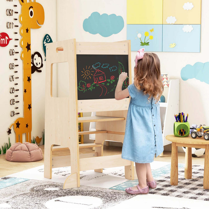 Costway Toddler Kitchen Step Stool With Activity Chalkboard Adjustable Height & Safety Rail Beige