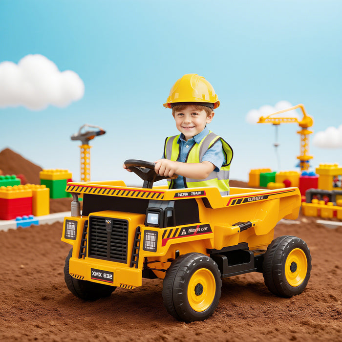 Qaba Kids Ride On Dump Truck, 12v Electric Dump Bed With Remote Control, Battery Powered Construction Vehicle With Music, Mp3, Usb For Toddlers 3-5 Years Old, Yellow