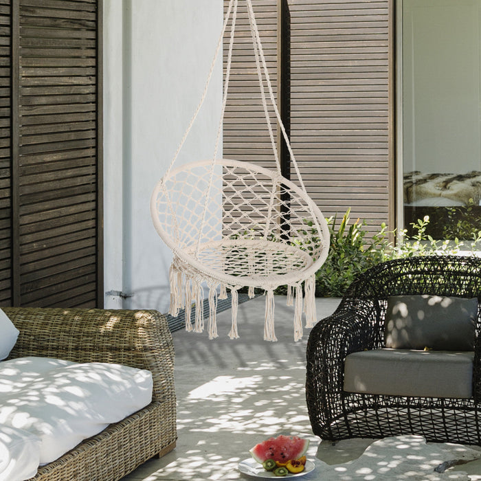 Outsunny Patio Hammock Chair, Hanging Rope Hammock Swing For Indoor & Outdoor Use With Backrest, Cotton-polyester Blend, Fringe Tassels, Cream White