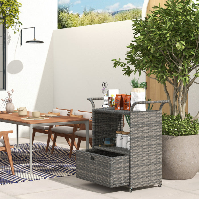 Outsunny Patio PE Wicker Garden Serving Cart with 2-Tier Shelf, Outdoor Wheeled Rattan Food Cart with Drawer, Handles, for Poolside, Garden, Mixed Grey