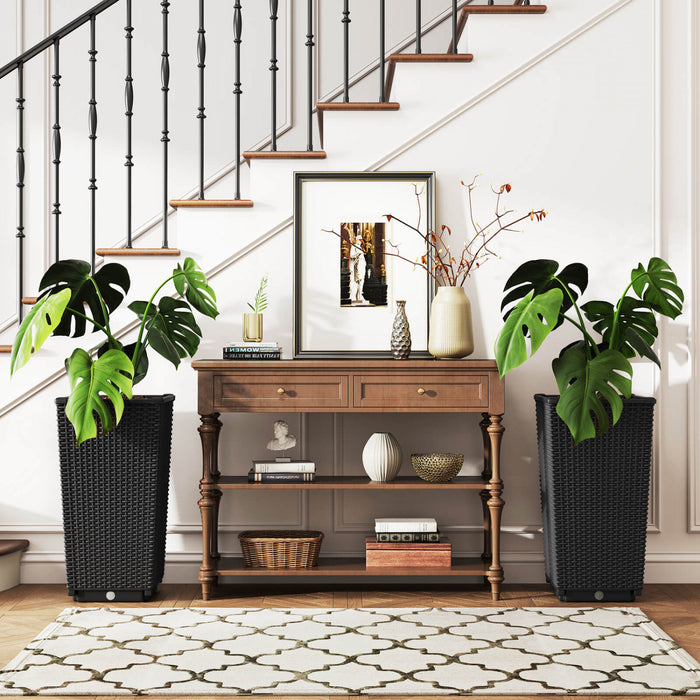 Costway 23\" Tall Planters Set Of 2 Rattan Wicker Plant Pot Self-watering Tree Pot Black
