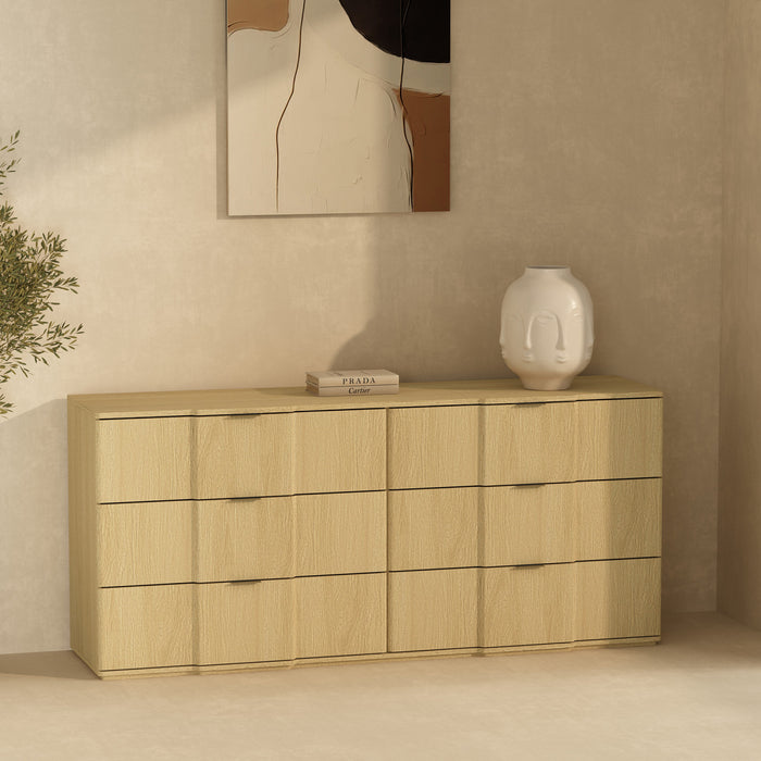 Clive Mid-Century Modern 72\" Dresser in Natural Oak and Gold (6-Drawer)