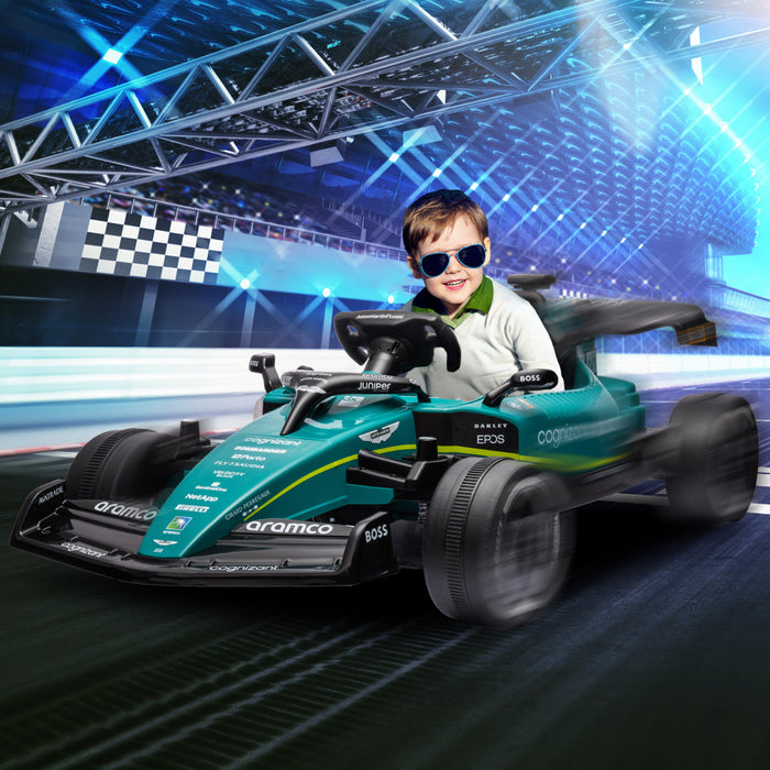 Qaba Powered Ride-On Aston Martin F1 Team Amr23 Licensed Electric Go Kart, 12v 3 Mph Kids Ride On Car With 4 Shock-absorbing Wheels, Bluetooth, Remote Control, Lights Music, Green