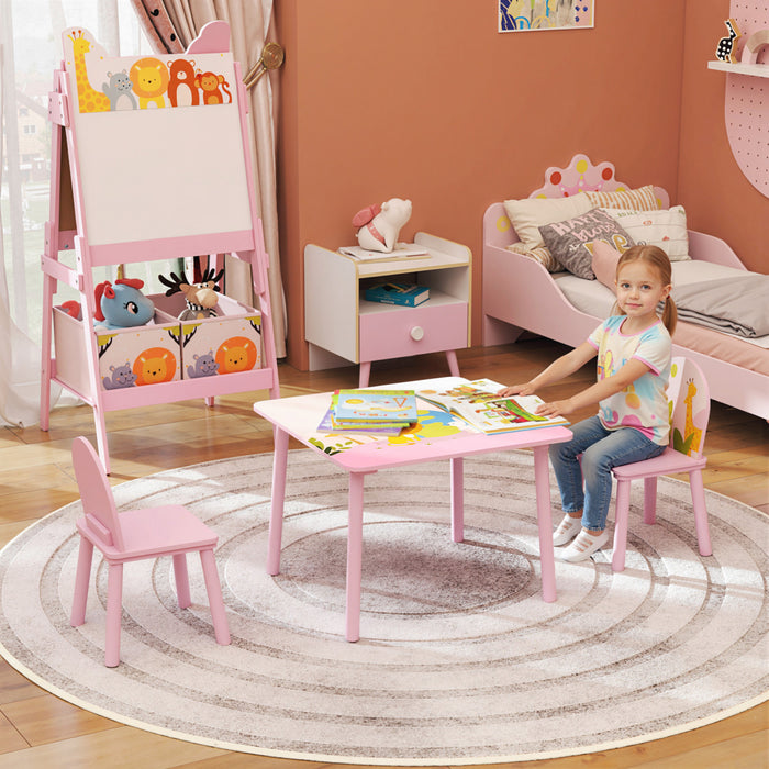 Qaba Kids Table and Chairs Set, Children Table and 2 Chairs Set with Animal Pattern, Kids Activity Furniture for Art, Craft, Reading, Learning, Pink