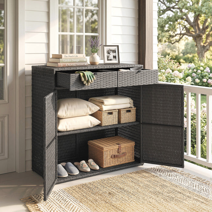 Outsunny Wicker Outdoor Storage Cabinet with 2 Drawers, Shelves, Dark Grey