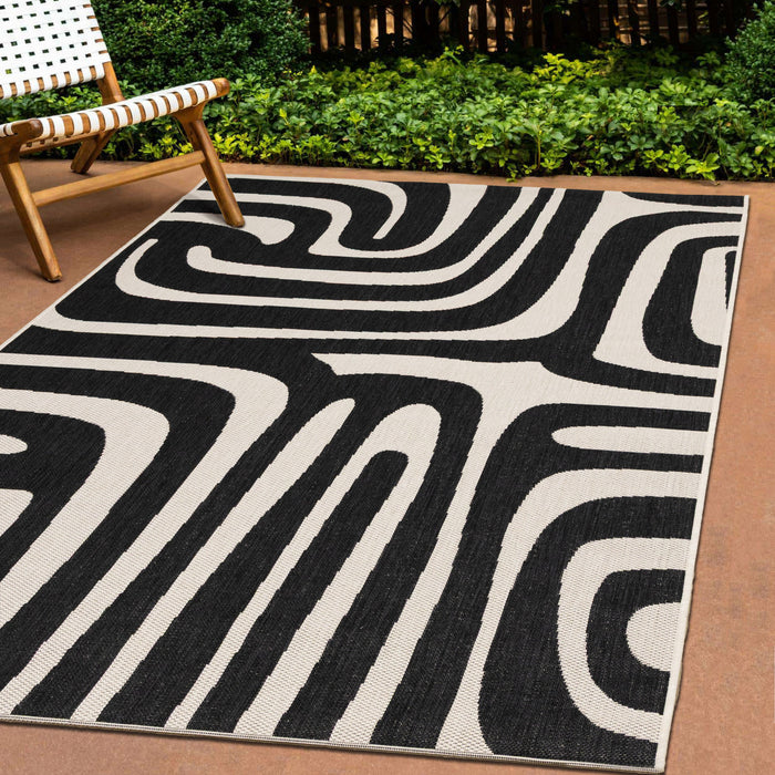 Jackson Black White Abstract Lines Outdoor Rug, 7'10\" x 10'6\" Outdoor Area Rug