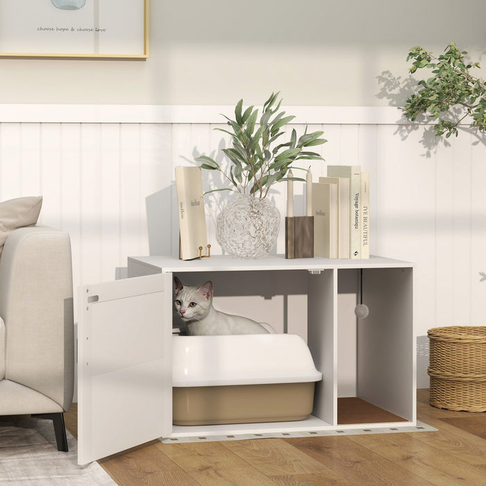 Pawhut Cat Litter Box Enclosure, Hidden Litter Box Furniture With Rattan Door, Scratching Pad, Non-slip Foot Pads, Cat Washroom End Table, 31.5\" X 20\" X 20\", White