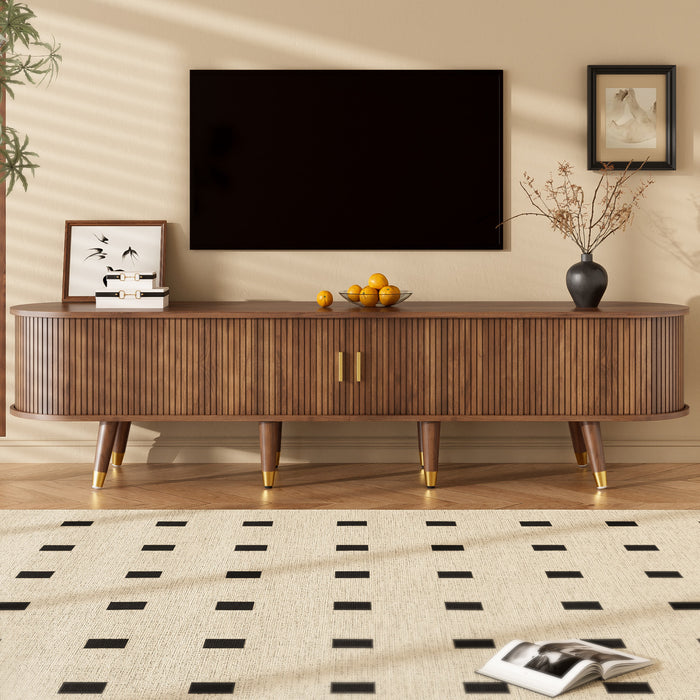 Rustic 69 Inch TV Cabinet with Sliding Door and Walnut Finish, Wood