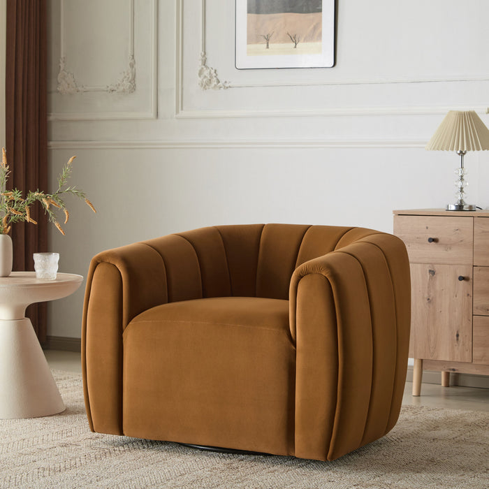 Vela Modern Velvet Swivel Club Chair with Tub Design, Black, Caramel