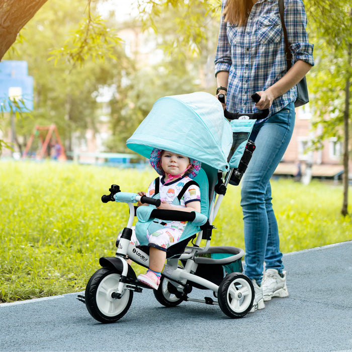 Qaba 6 In 1 Toddler Tricycle, Kids Trike With Foldable Canopy, Removable Parent-push Handle And Cover, Storage Basket, 5-point Safety Belt, For Child 1-5 Years, Green