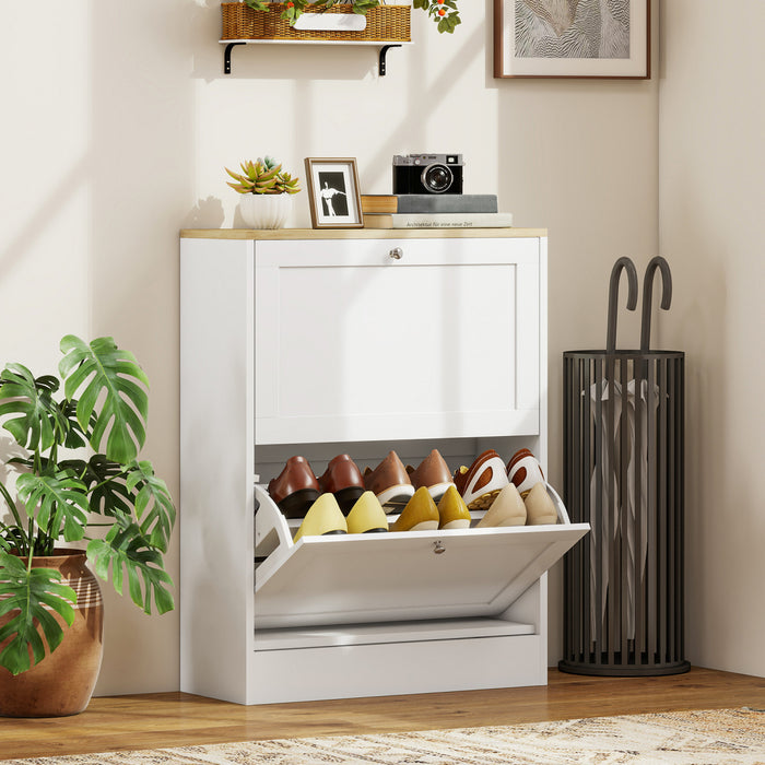 HOMCOM Slim Shoe Cabinet with 2 Flip Drawers Adjustable Shelves White