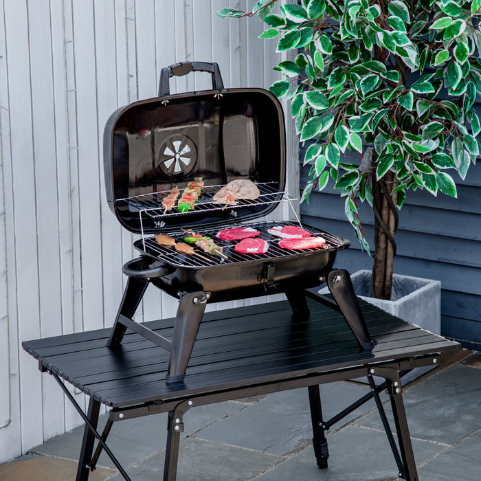 Outsunny 23\" Portable Tabletop Steel Charcoal Grill Foldable Outdoor BBQ Camping Picnic Cooker Barbecue Smoker with Air Vent Black