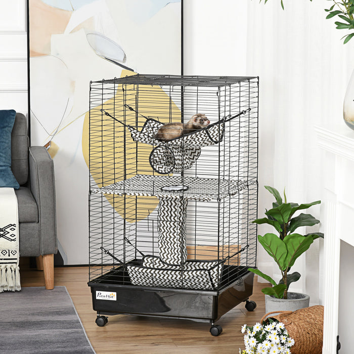 Pawhut Small Animal Cage Habitat Pet Play House For Ferret With Wheels Hammocks Tunnels And 3 Doors Black
