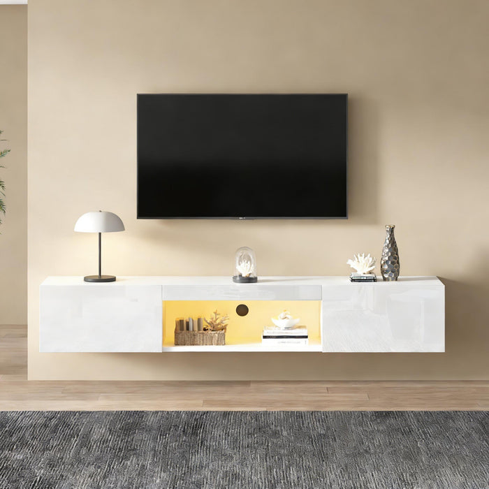 Evan Floating TV Stand with LED Lighting and Storage Doors,White