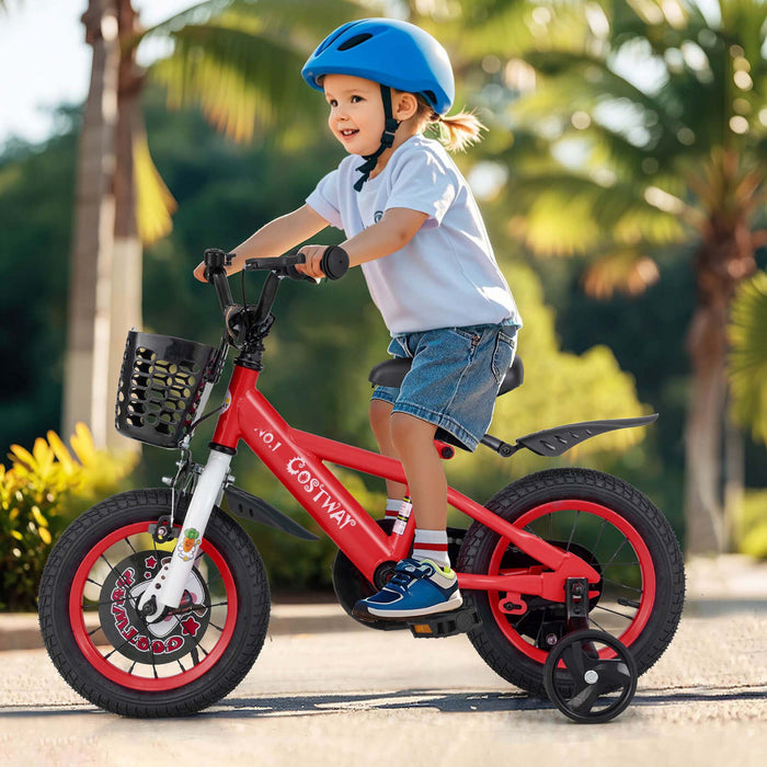 Costway 12\" Kid's Bike For 3-4 With Height-adjustable Handlebar & Saddle Handbrake Red