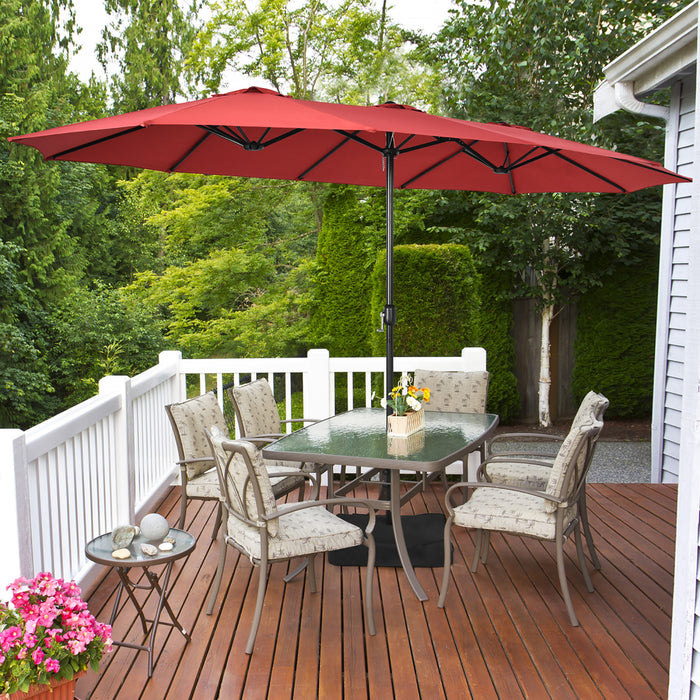 Costway 15FT Double-Sided Twin Patio Umbrella Outdoor Market W/ Crank & Base Wine