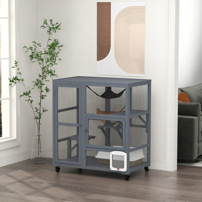 Pawhut Wooden Cat House For Indoor Cats 3 Levels Cat Condo Cat Villa On Wheels With Cat Flap Door Platforms Hammock Openable Top For 2 Cats, Light Grey