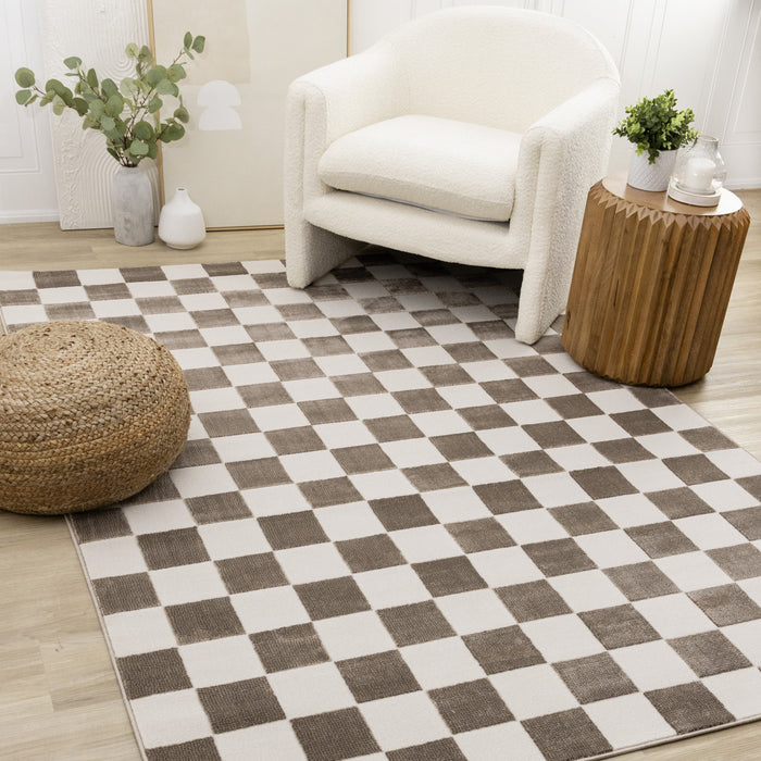 Leopold Checkered Brown White Geometric Area Rug - 7'10\" x 10'6\"