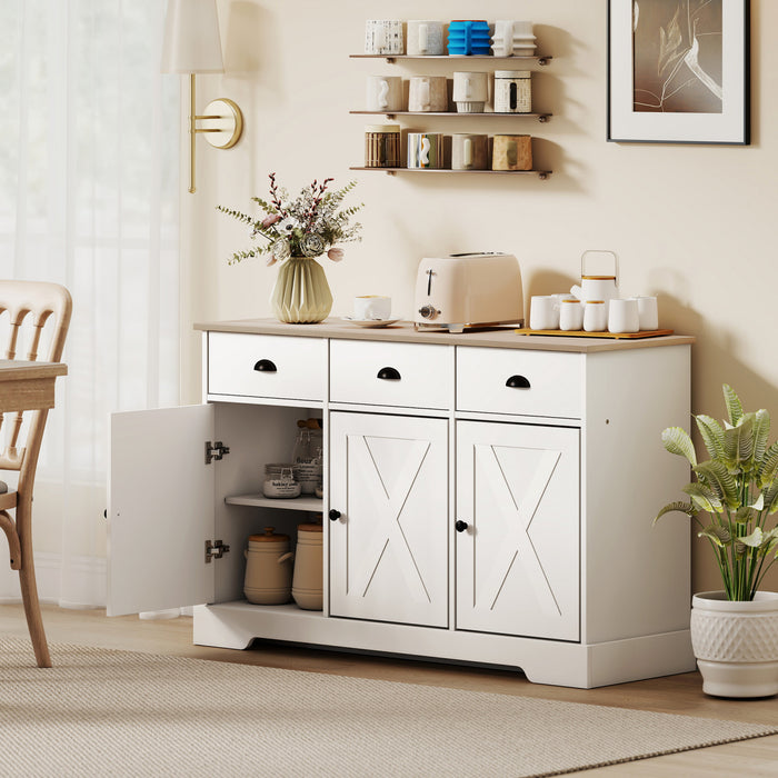 HOMCOM 46.5\" Sideboard Buffet Cabinet with 3 Barn Doors and 3 Drawers White