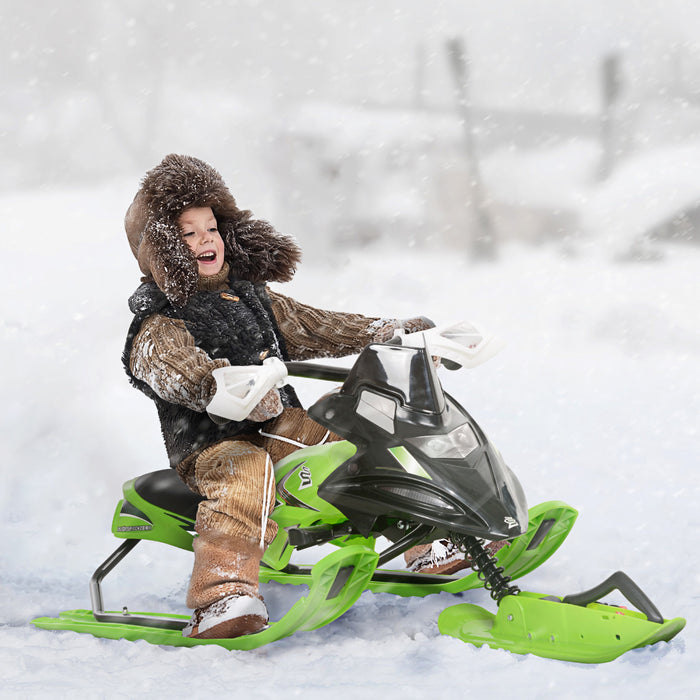 Soozier GT Snow Racer Sleds for Kids with Padded Rubber Seat Traction Rope, Snow Motor with Wind Shield Handle and Anti-Slip Pedal, Winter Gift for Boys Girls Green