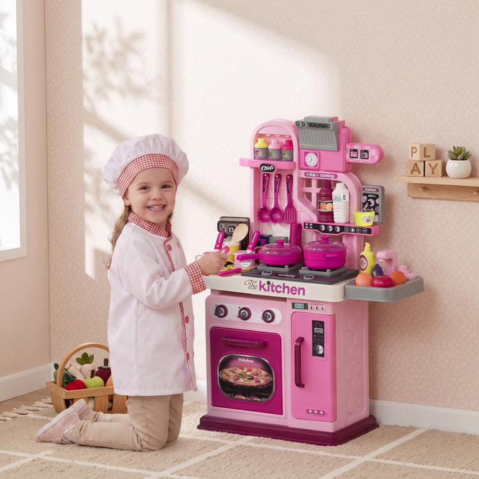 Qaba Play Kitchen, Kids Kitchen Playset Toy Kitchen with Lights, Sounds, 33 Accessories, Storage, Interactive Playset for Toddler 3-6 Years, Pink